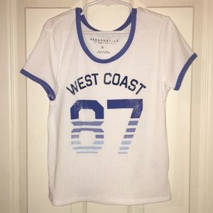 Small White Blue Aeropostale Cropped Tee Shirt